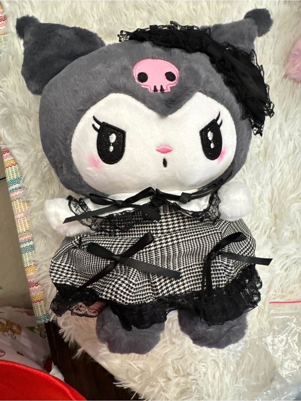 Sanrio Kuromi Grey Plush lolita Doll with Houndstooth Dress laced bows 20 cm